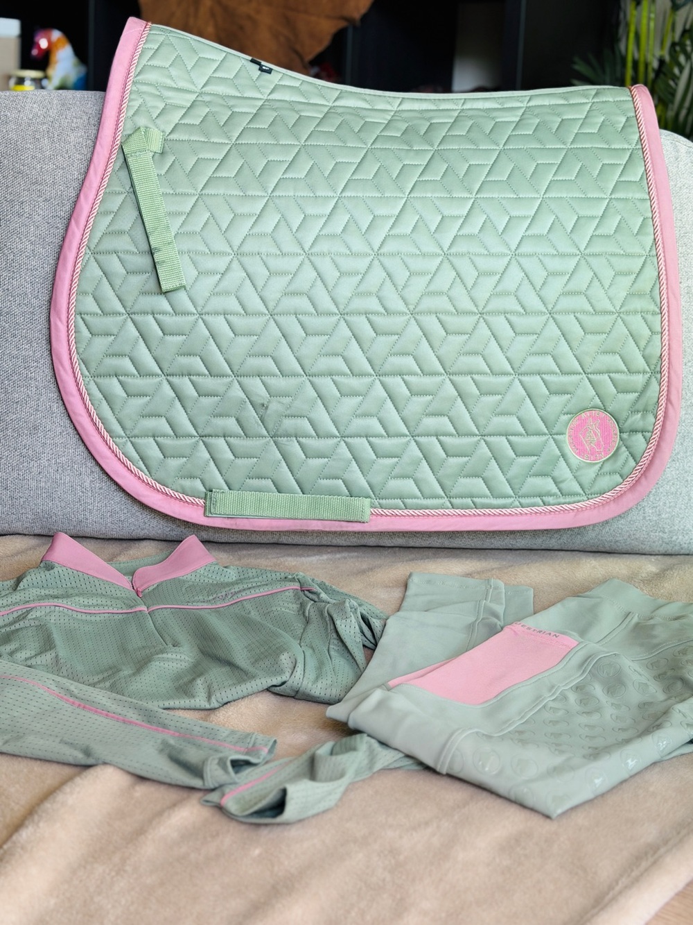 Green and Pink Equestrian Set with saddle pad, breeches and longsleeve